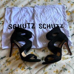Schutz black suede cutout zip heels